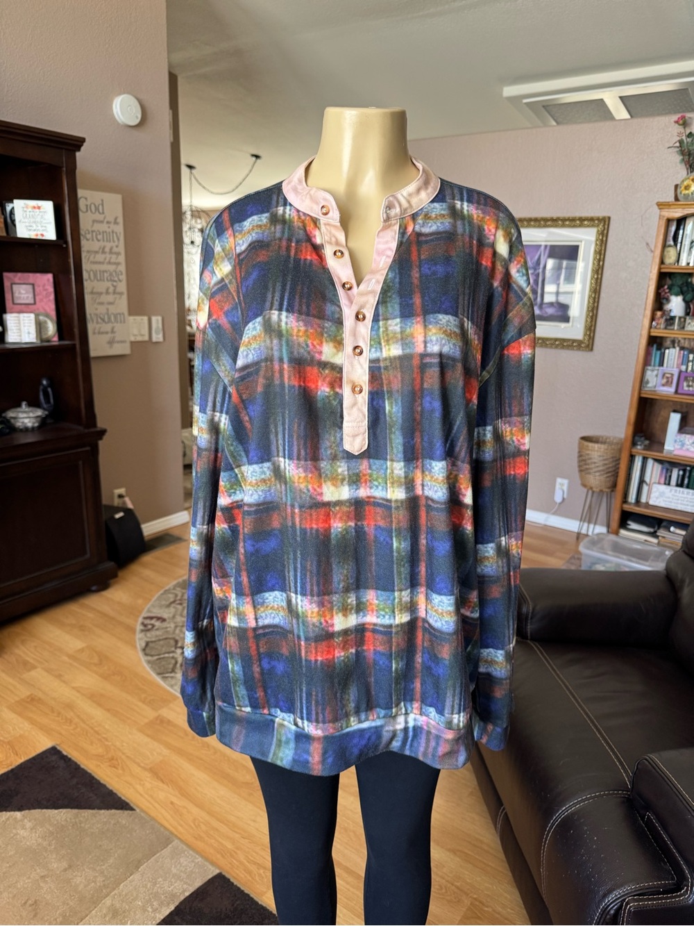 Boutique multicolored plaid print long sleeve knit top-size XL